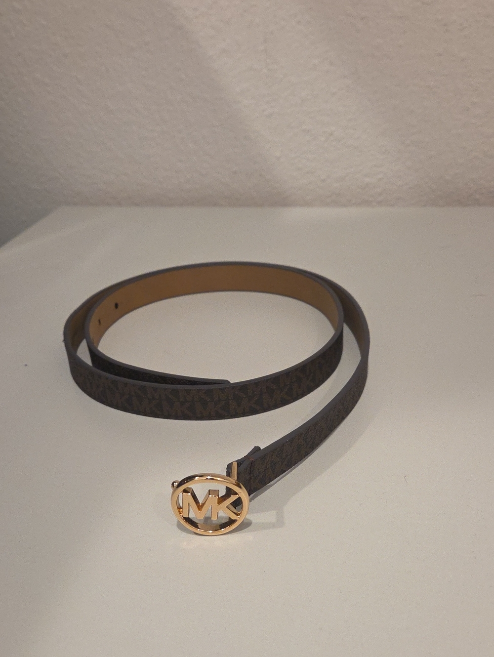Michael Kors Dark Brown Logo Slim Belt with Gold MK Circle Buckle
